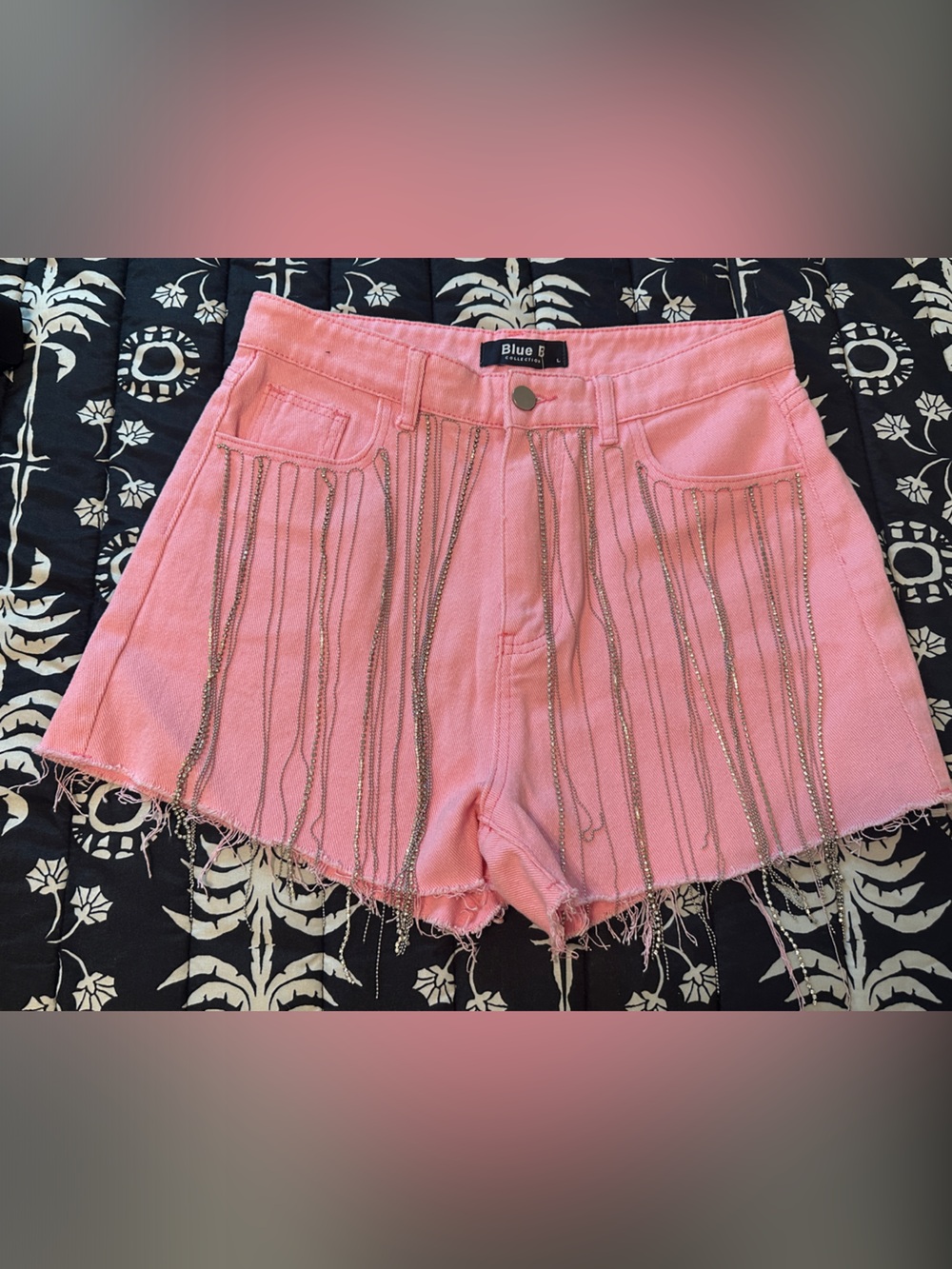 Blue B Pink Denim Fringe Rhinestone Shorts